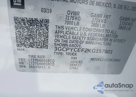 2019 Chevrolet Silverado 1500 Custom Trail Boss z USA, uszkodzony, nr VIN 3GCPYCEF2KG157601